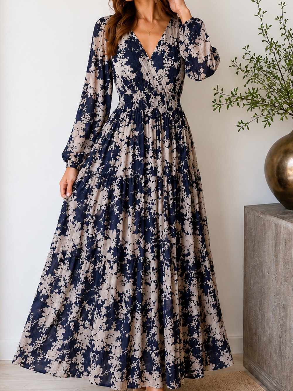 Pinch Floral Maxi Dress Navy Beige Boho Long Sleeve Tiered Small
